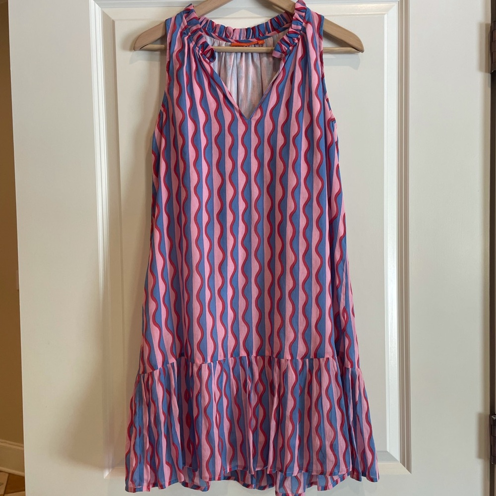 Oliphant Pink and Blue Wavy-Print Midi Dress